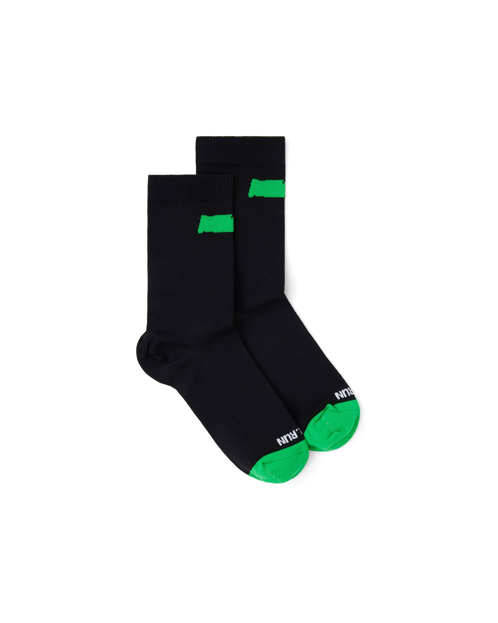 Close-up of black Race Sock with mild compression and intarsia Never branding
